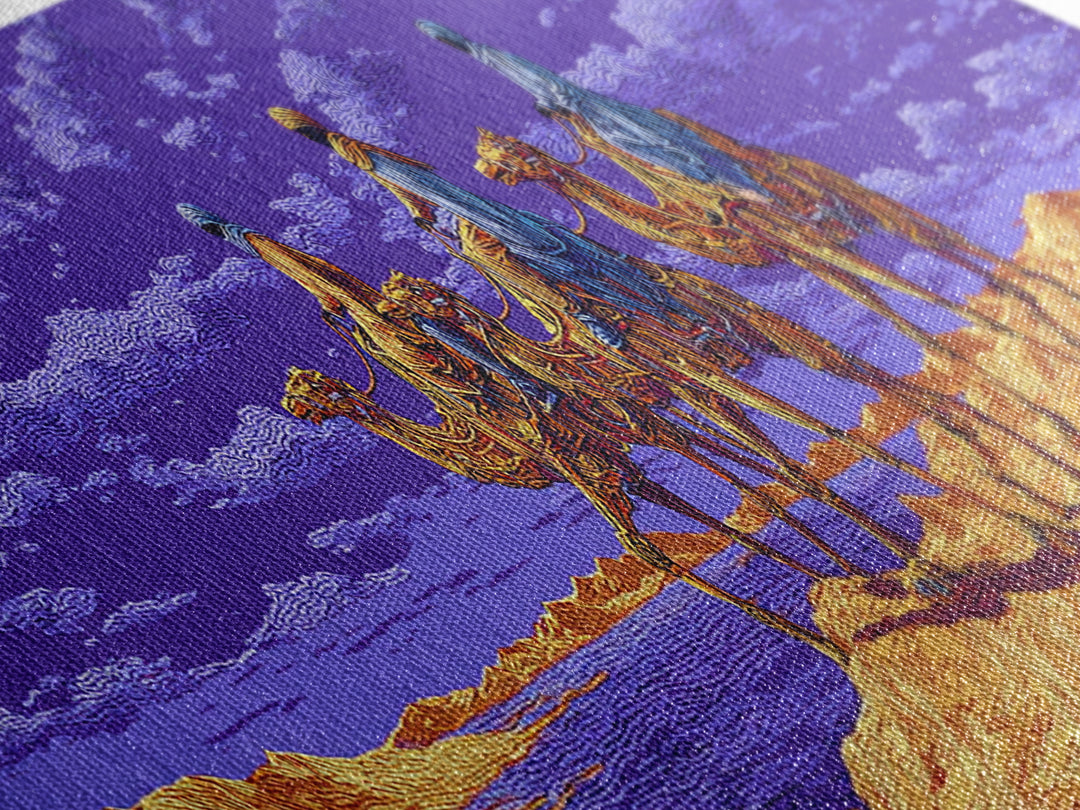 Moonlit Camel Caravan Across Purple Dunes, African Safari Art Framed Canvas Print, Dreamy Wall Art, Unique Home Decor Gift