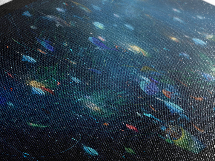 Cosmic Ocean Fish And Nets Wall Art, Dreamy Canvas Print, African Inspired Underwater Scene, Modern Blue Home Decor Gift