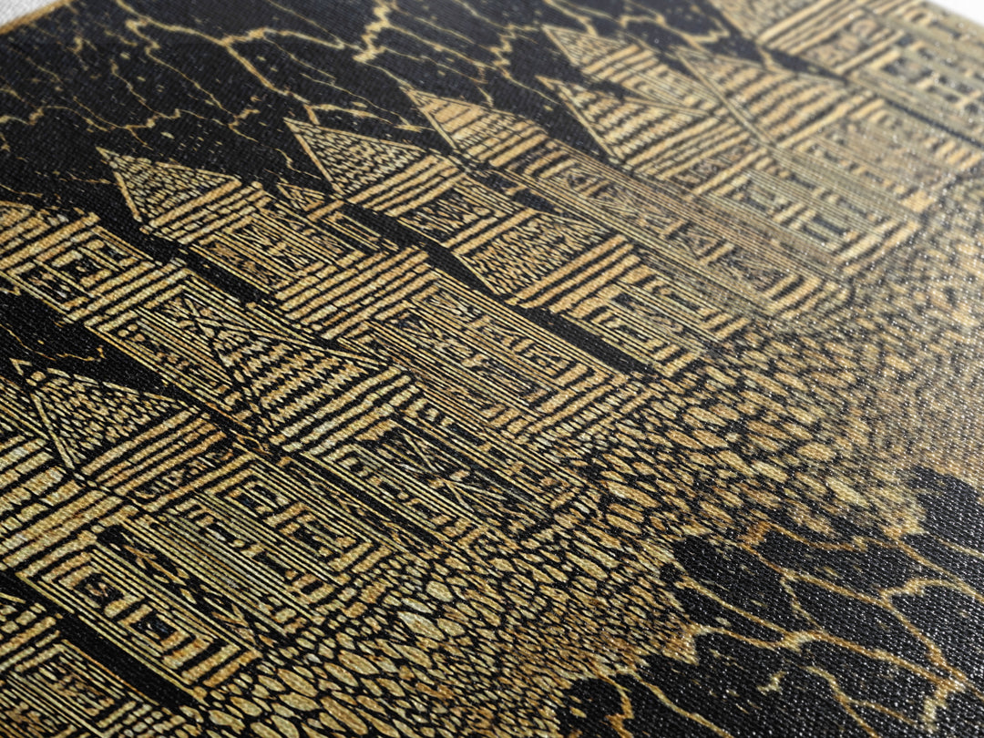 Gold Line Village On Cracked Black Wall Art, African Tribal Art, Ethnic Wall Decor, Modern Canvas Print, Cultural Home Decor