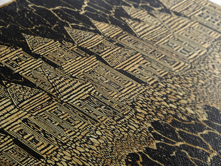 Gold Line Village On Cracked Black Wall Art, African Tribal Art, Ethnic Wall Decor, Modern Canvas Print, Cultural Home Decor