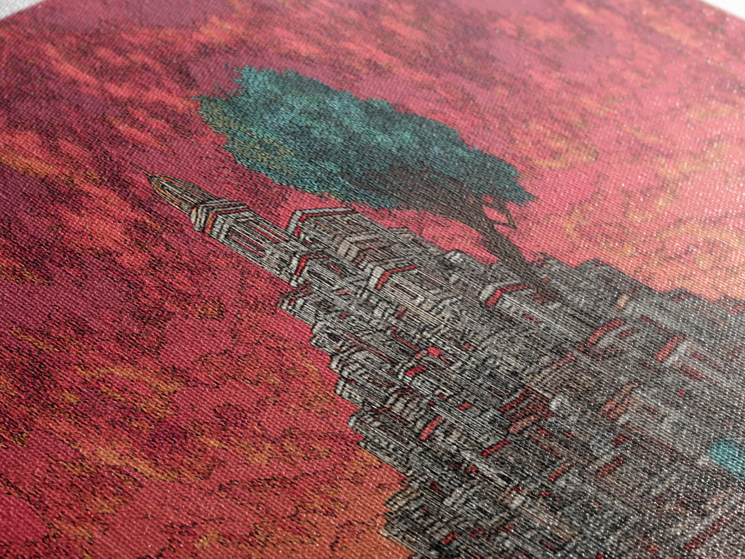 Ancient Stepped City Under Coral Sky Canvas Print, African Inspired Architecture Wall Decor, Mystical Travel Art For Home