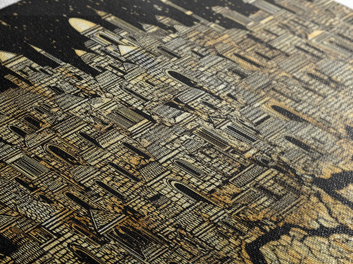 Gold African Night City Wall Art, Starry Palace Skyline, Black And Gold Cultural Decor, Panoramic Canvas Print Gift For Home