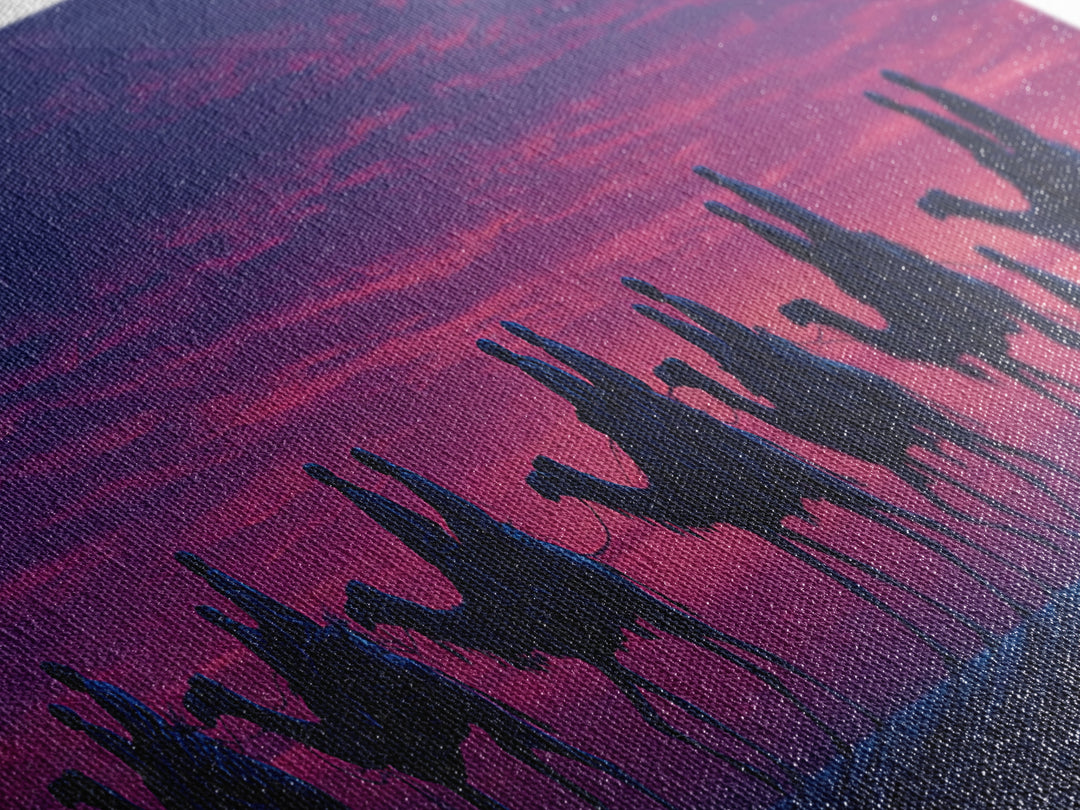 Purple Sunset Camel Caravan Wall Art, Desert Nomad Silhouette Painting, African Safari Decor, Travel Canvas Print For Bedroom
