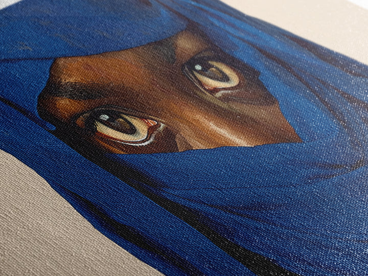 Intense Blue Veiled Eyes Portrait Canvas Print, African Woman Wall Art, Black Female Art, Minimalist Sahara Home Decor Gift