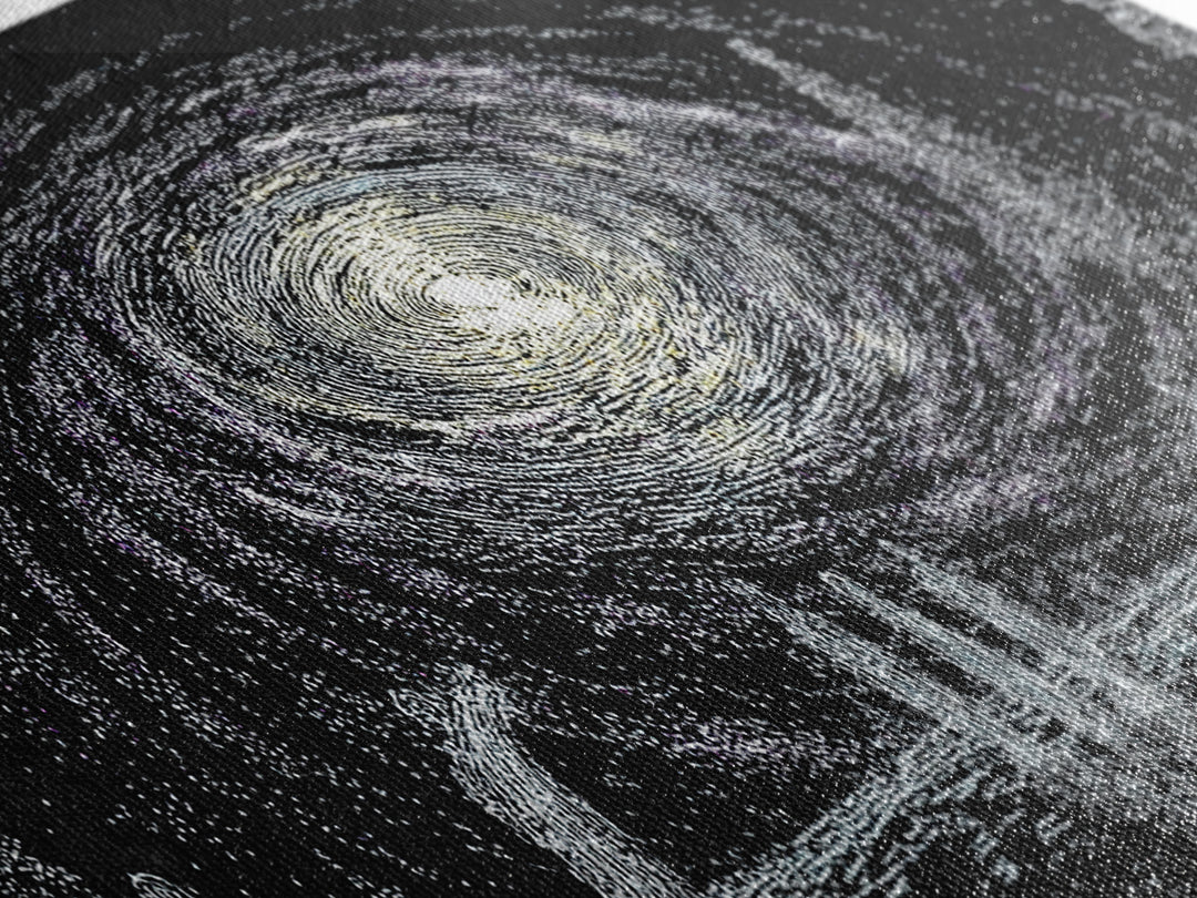 Cosmic Spiral Galaxy Over Water And Tiny Figures Canvas Print, Mystical Wall Art, Black And White Art, Contemporary Wall Art