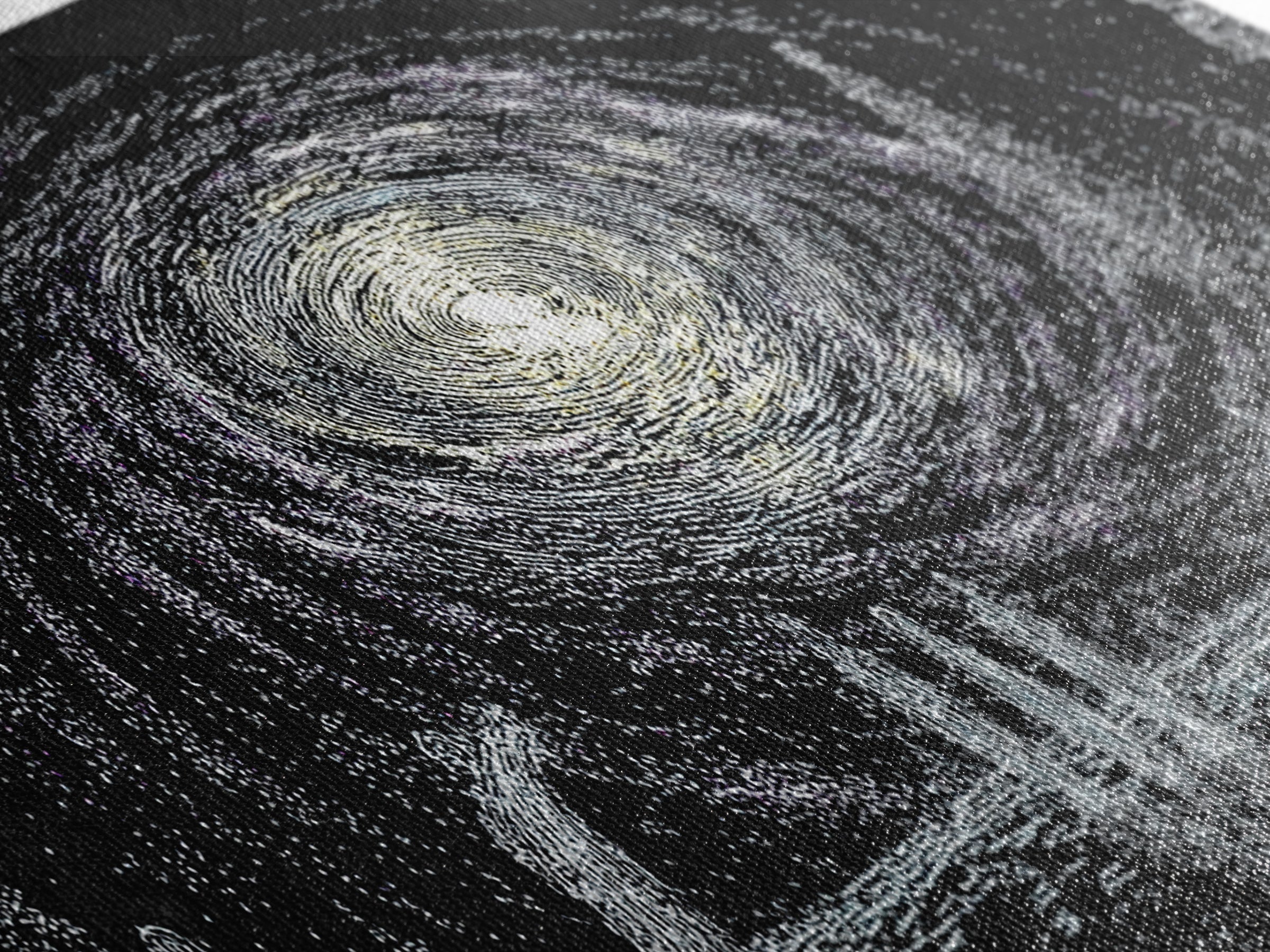 Cosmic Spiral Galaxy Over Water And Tiny Figures Canvas Print, Mystical Wall Art, Black And White Art, Contemporary Wall Art