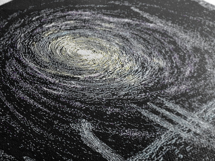 Cosmic Spiral Galaxy Over Water And Tiny Figures Canvas Print, Mystical Wall Art, Black And White Art, Contemporary Wall Art