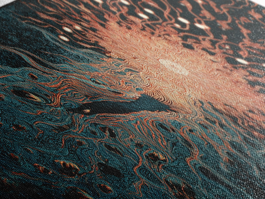 Fiery Coral Organic Bloom Wall Art, Teal Black Abstract Canvas Print, Contemporary Fluid Energy Decor, Bold Home Artwork