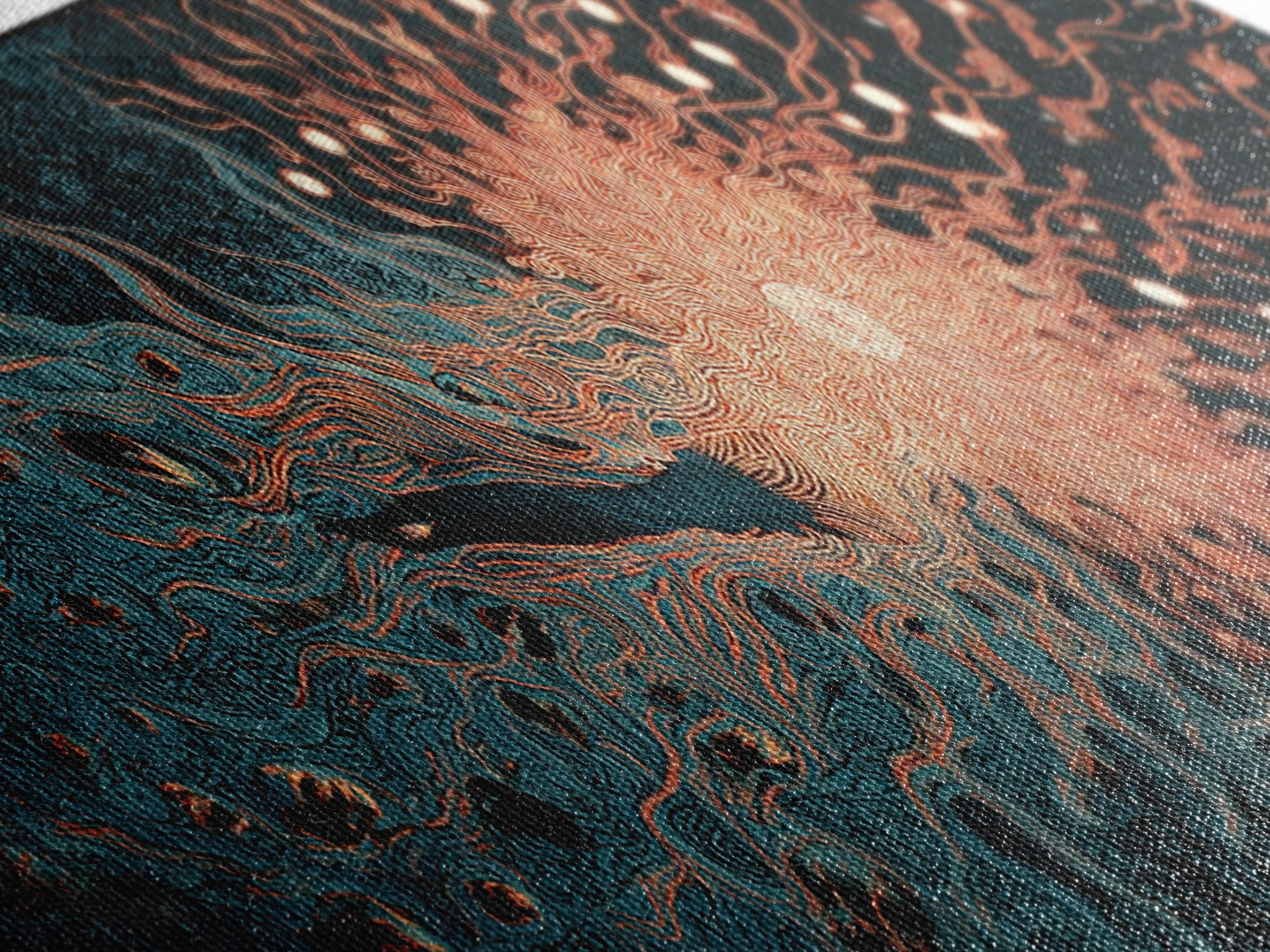 Fiery Coral Organic Bloom Wall Art, Teal Black Abstract Canvas Print, Contemporary Fluid Energy Decor, Bold Home Artwork