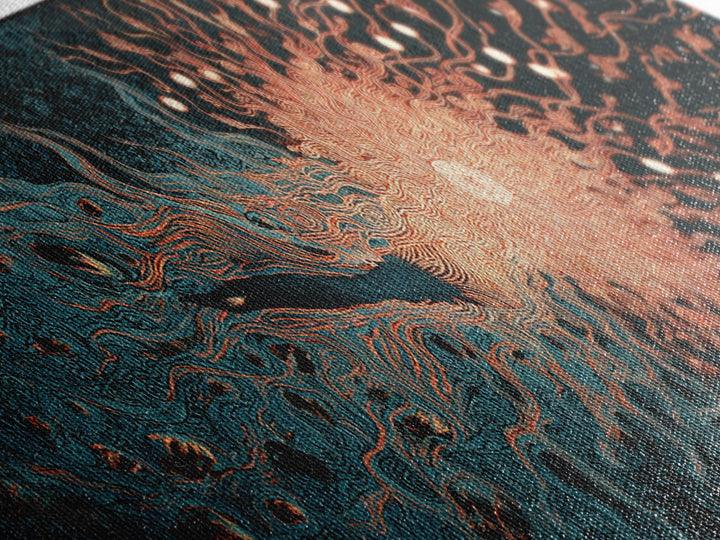 Fiery Coral Organic Bloom Wall Art, Teal Black Abstract Canvas Print, Contemporary Fluid Energy Decor, Bold Home Artwork