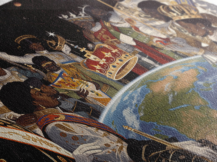 Cosmic African Royal Council Over Earth Wall Art, Afrocentric Black History Decor, African American Art, Regal Canvas Print