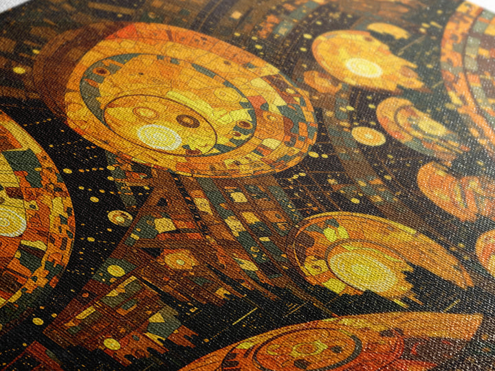 Golden Cosmic Mechanical Orbs Canvas Print, Futuristic Abstract Wall Art, Orange Space Decor, Unique Modern Statement Gift