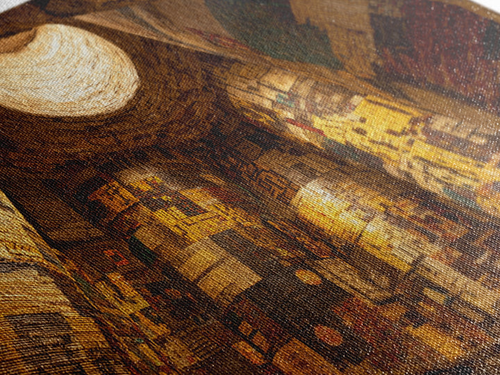 Cavernous Golden Patterned Tower Wall Art, Mystical Architecture Canvas Print, Warm Abstract Cultural Home Decor Gift For Gallery