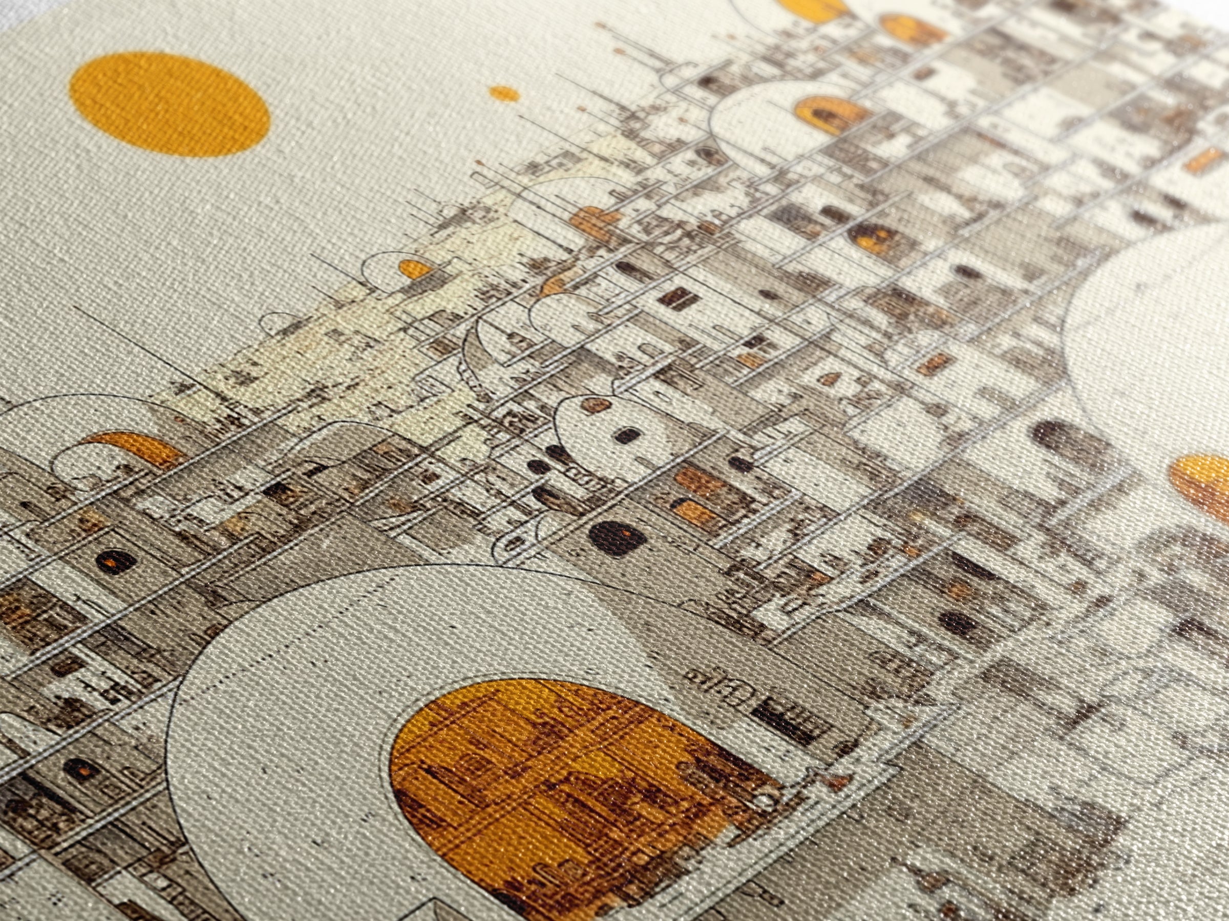 White Desert Dome City With Orange Sun Wall Art, African Landscape Print, Modern North African Decor, Boho Living Room Art