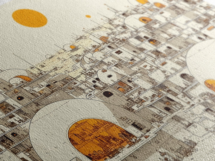 White Desert Dome City With Orange Sun Wall Art, African Landscape Print, Modern North African Decor, Boho Living Room Art