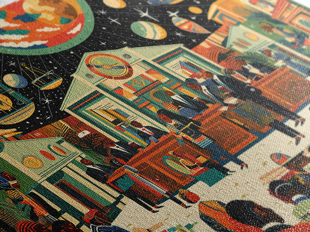 Afrofuturist Community Court Under Cosmic Sky Wall Art, Black Culture Art, African American Art, Juneteenth Home Decor Gift