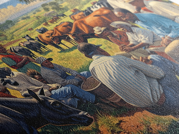 Rural African Cattle Market Gathering Wall Art, African Culture Art, Black People Art, Farm Landscape Home Decor Gift For Him