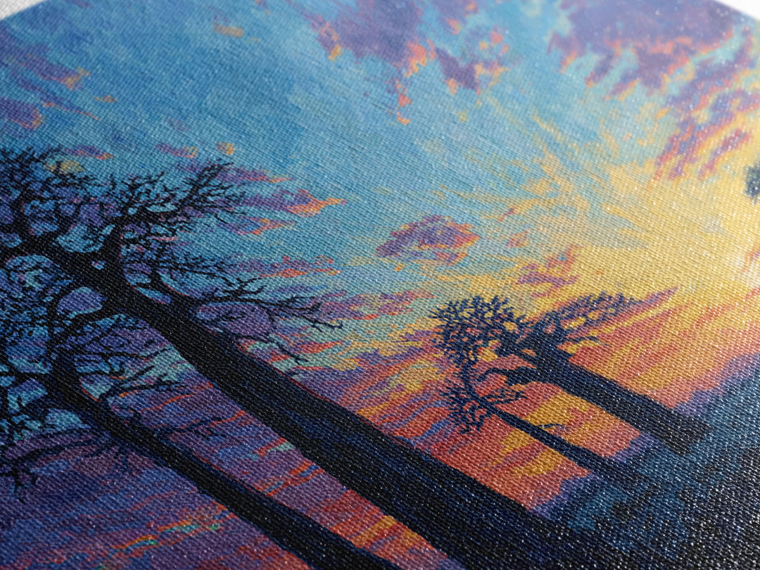 Painterly Blue Baobab Sunset Landscape Wall Art, African Landscape, Dreamy Wall Art, Modern Canvas Art, Colorful Wall Decor