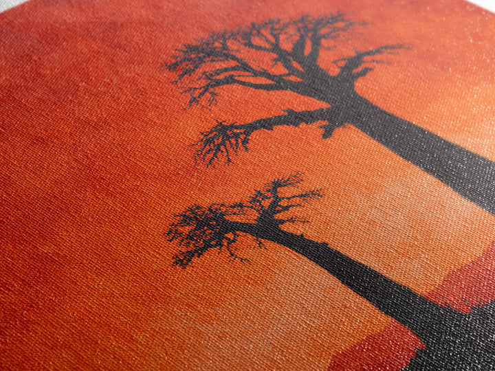 Baobab Tree Silhouettes At Fiery Sunset Wall Art, African Landscape, Safari Decor, Burnt Orange Art Print, Living Room Decor