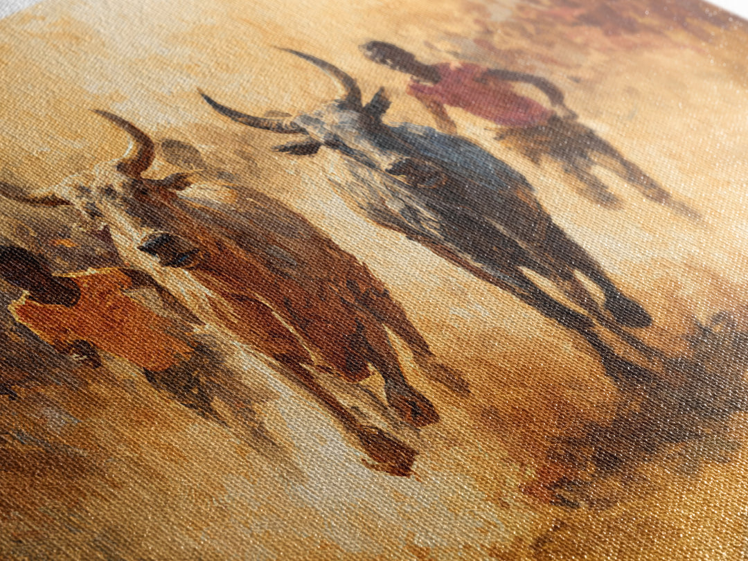Dusty African Bull Race With Runners Canvas Print, Safari Culture Wall Art, Warm Earth Tone Decor For Living Room Gift Idea