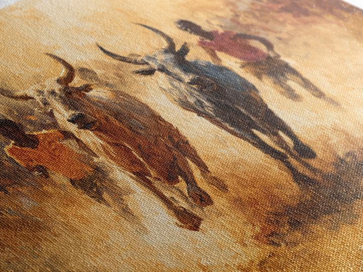Dusty African Bull Race With Runners Canvas Print, Safari Culture Wall Art, Warm Earth Tone Decor For Living Room Gift Idea