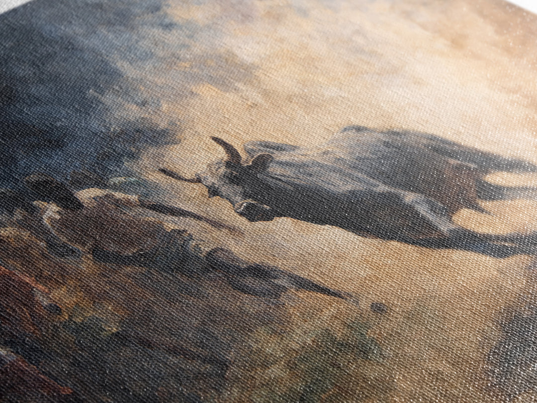 Charging Bull And Runners In Dusty Arena Wall Art, African Safari Art Decor, Dynamic Canvas Print For Bold Home Decor Gift