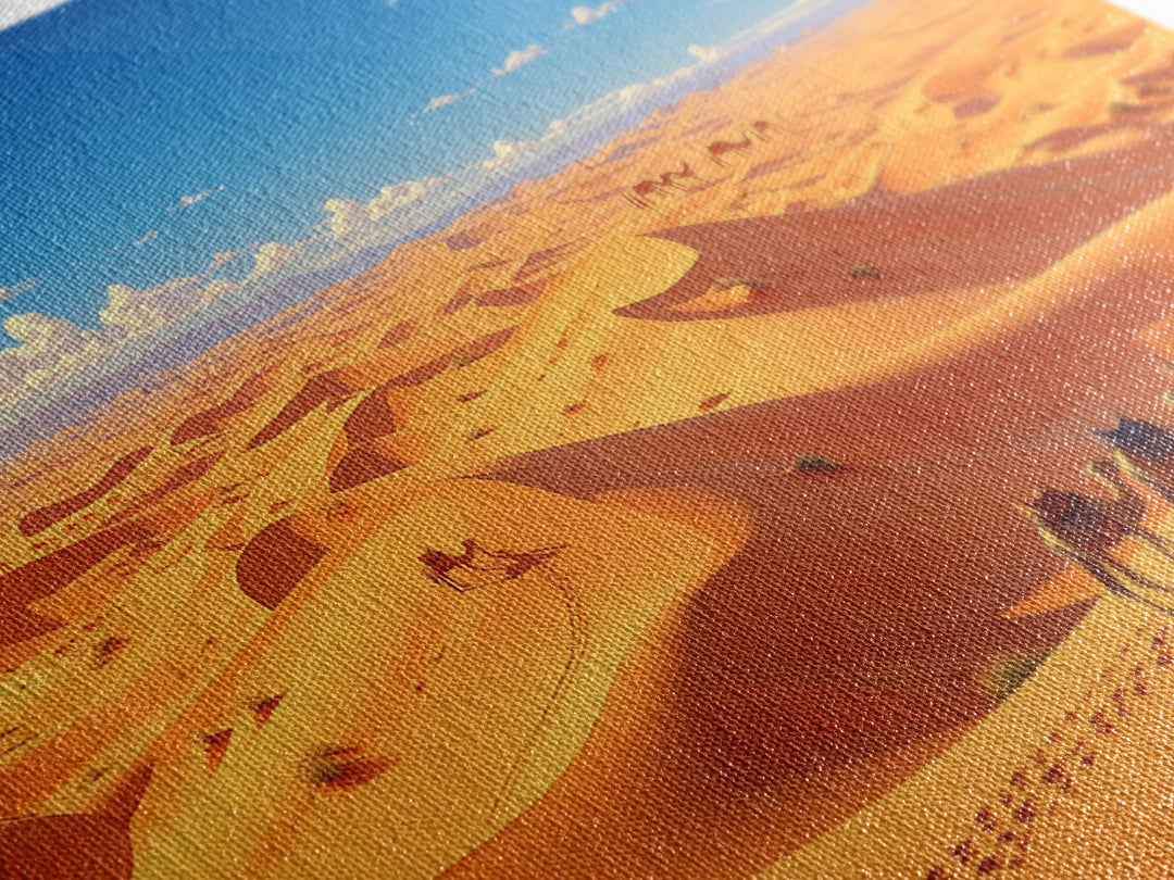 Golden Sahara Dunes With Camel Caravan, African Wall Art, Desert Landscape Print, Travel Decor, Boho Living Room Gift Poster