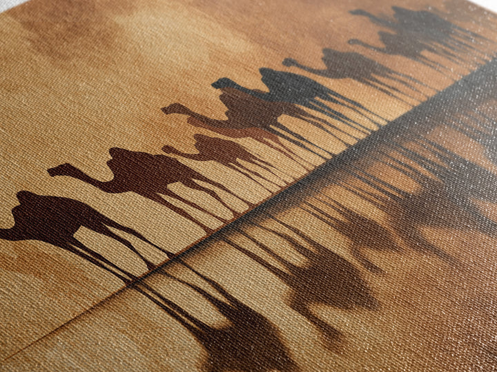 Sepia Camel Caravan Reflections At Dusk, Canvas Print, African Safari Art, Earth Tone Wall Decor, Desert Home Decor Gift