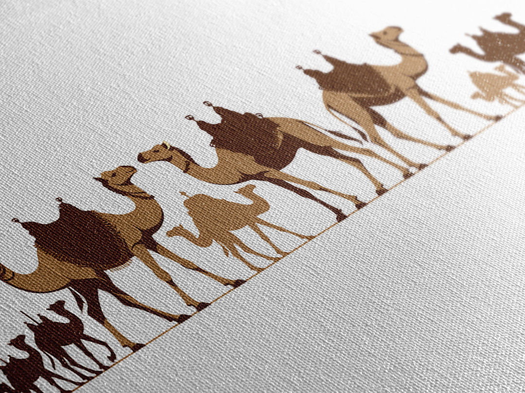 Minimal Camel Caravan Silhouette On White, Framed Canvas Print, African Desert Wall Decor, Neutral Safari Art Gift For Living Room
