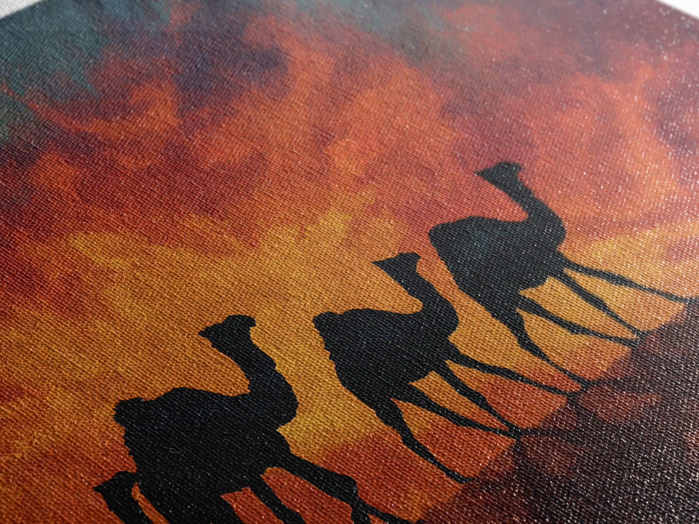 Fiery Sunset Camel Caravan Silhouettes, Canvas Print, African Safari Wall Art, Burnt Orange Desert Decor For Living Room