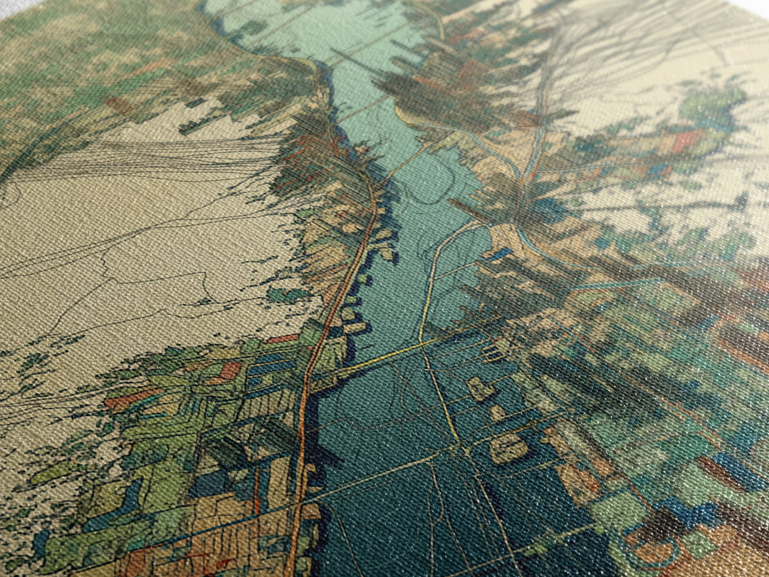 Aerial River City Map Canvas Print, Modern African Travel Inspired Wall Art, Teal Urban Landscape, Statement Office Decor Gift