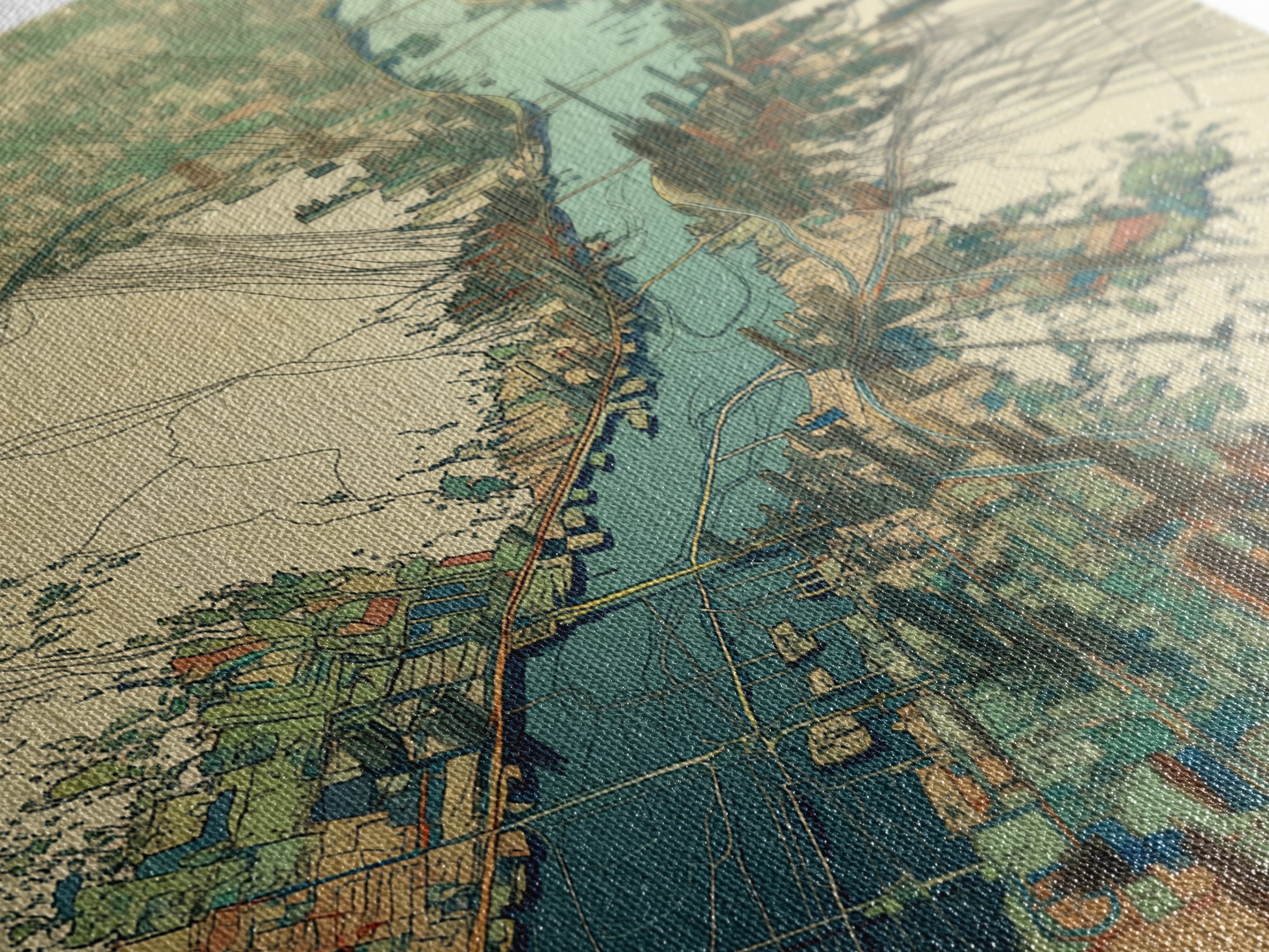 Aerial River City Map Canvas Print, Modern African Travel Inspired Wall Art, Teal Urban Landscape, Statement Office Decor Gift