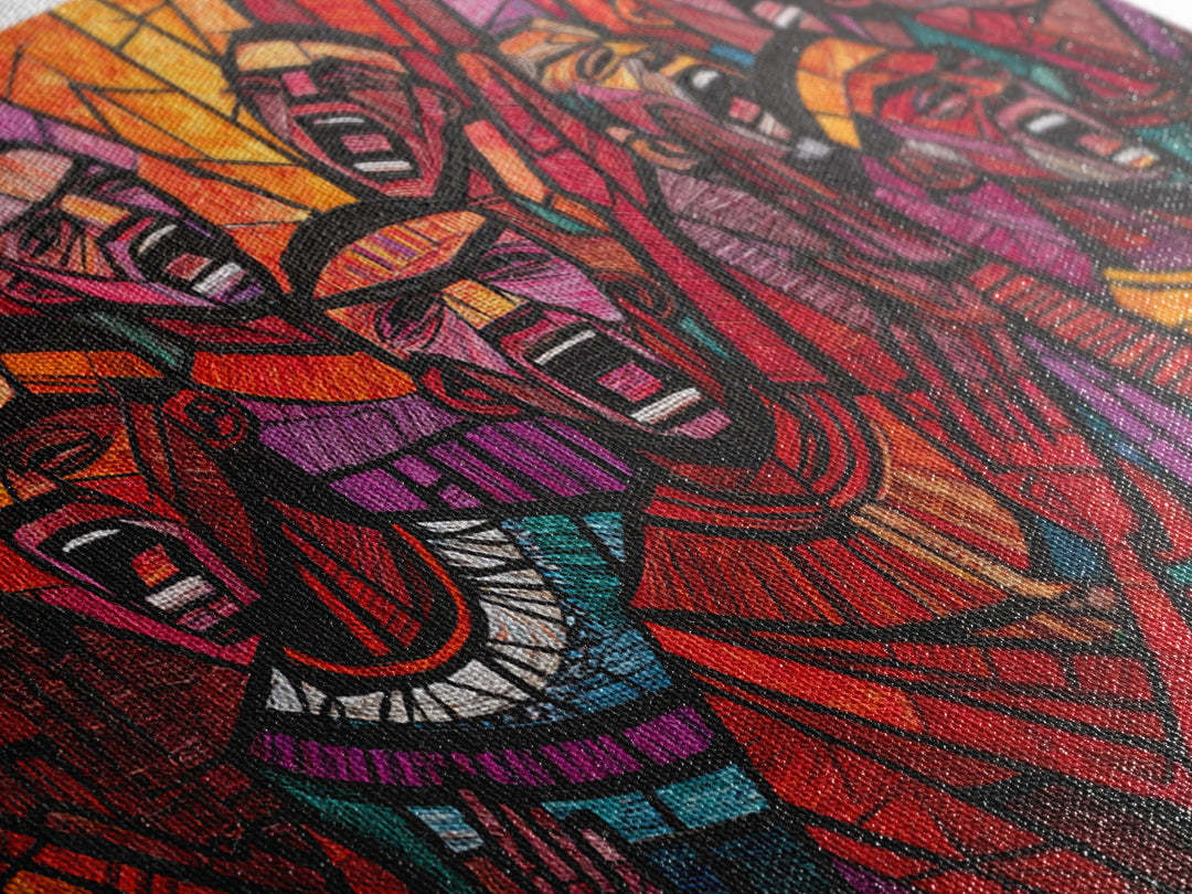 Stained Glass African Choir Wall Art, Bold Red Tribal Celebration Painting, Black Culture Decor, Expressive Canvas Print
