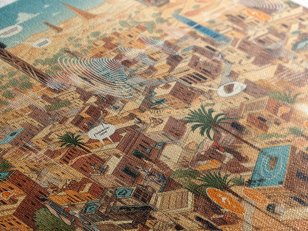 Afrofuturist Desert City With Radio Signals Wall Art, African Landscape, Modern Canvas Art, Tech Inspired Office Decor Print
