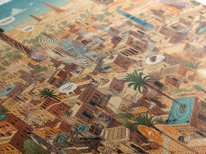 Afrofuturist Desert City With Radio Signals Wall Art, African Landscape, Modern Canvas Art, Tech Inspired Office Decor Print