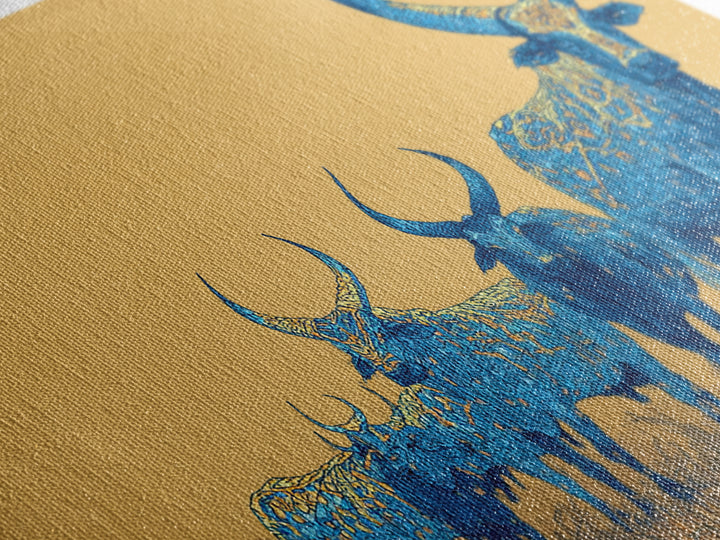 Blue Ornate Ankole Cattle Herd Canvas Print, African Safari Art, Tribal Animal Decor, Golden Savanna Statement Wall Art Print
