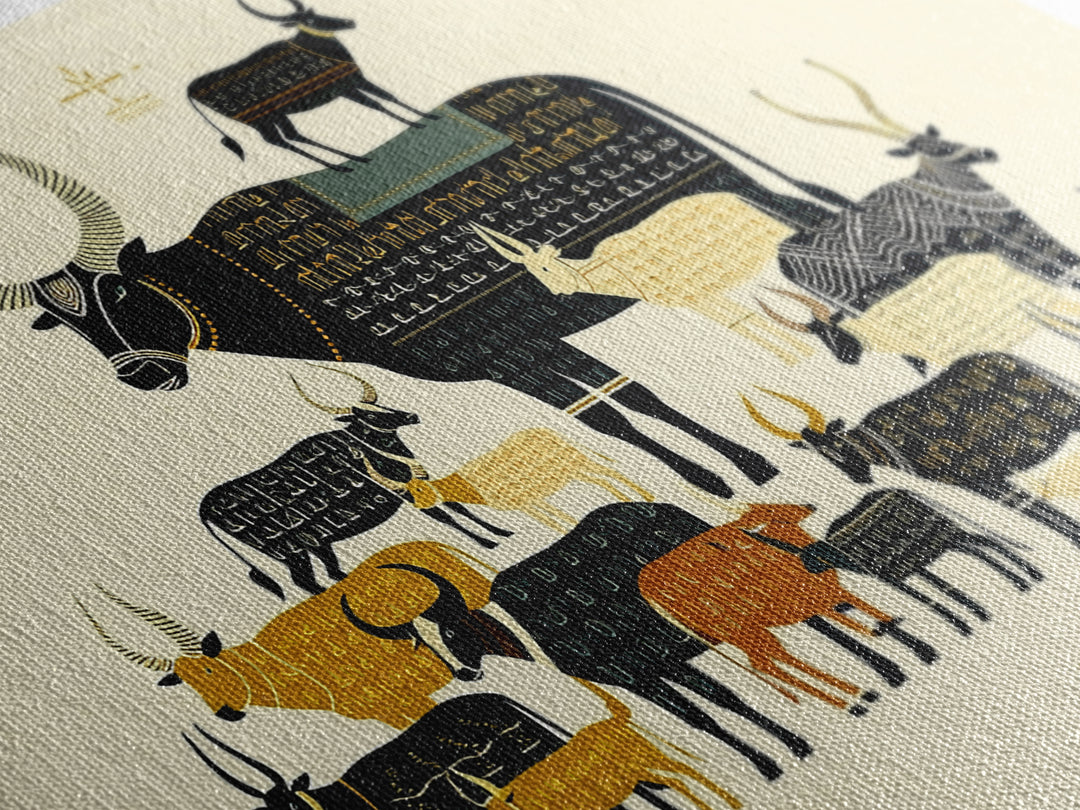 Stacked Sacred Cattle Hieroglyph Inspired Canvas Print, African Egyptian Art, Tribal Animal Decor, Unique Wall Art Print