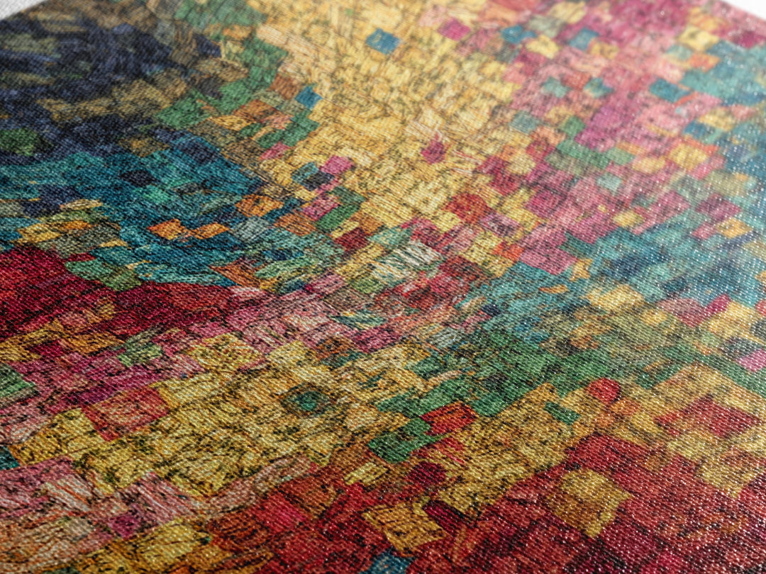 Colorful Mosaic Textile Landscape Wall Art, Abstract African Fabric Patterns, Modern Boho Decor, Textured Canvas Print Gift