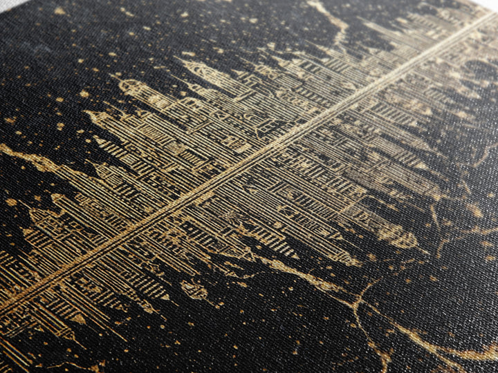 Gold Line Art Skyline Reflected On Black Marble Wall Art, Luxury Canvas Print, Modern Office Decor, Elegant Home Decor Gift