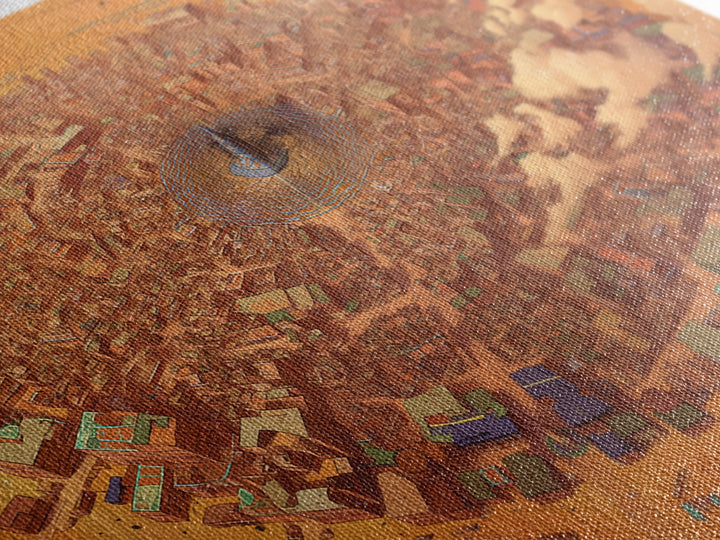 Circular Desert City Around A Central Spire Canvas Print, African Landscape Wall Art, Futuristic Home Decor, Unique Gift