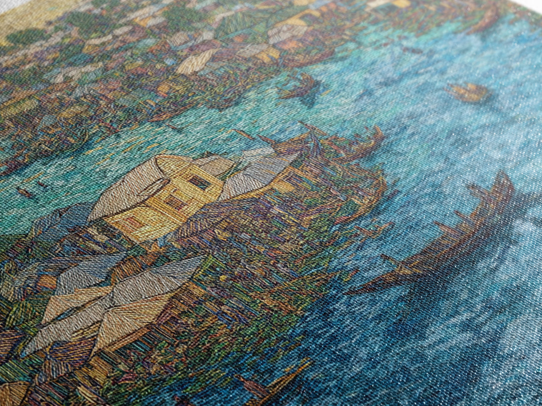 Blue Floating Village Canvas Print, African Coastal Boats And Water Market, Cultural Wall Decor For Living Room Gallery Art