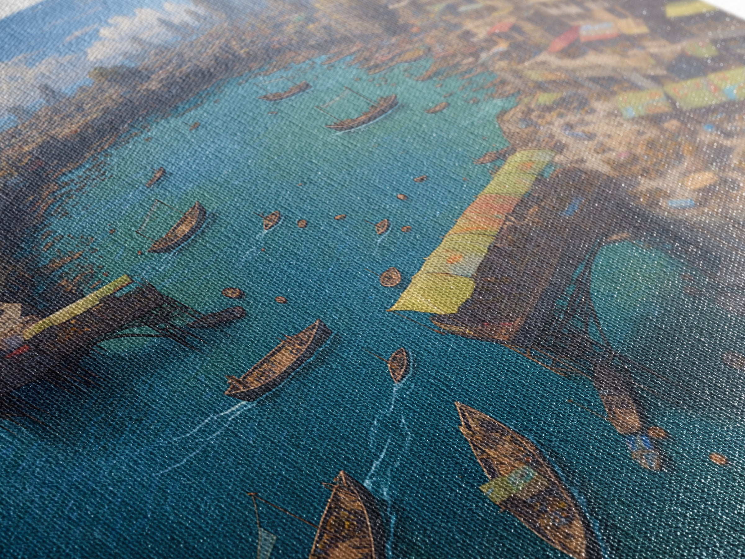 Futuristic African Harbor Canvas Print, Panoramic Coastal City With Boats, Modern Wall Art For Living Room Statement Decor