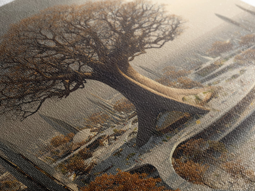 Giant Baobab Future City At Sunset, African Landscape Wall Art, Framed Canvas Print, Afrofuturism Decor, Statement Art For Living Room