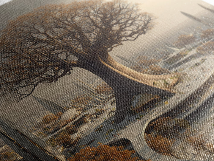 Giant Baobab Future City At Sunset, African Landscape Wall Art, Framed Canvas Print, Afrofuturism Decor, Statement Art For Living Room