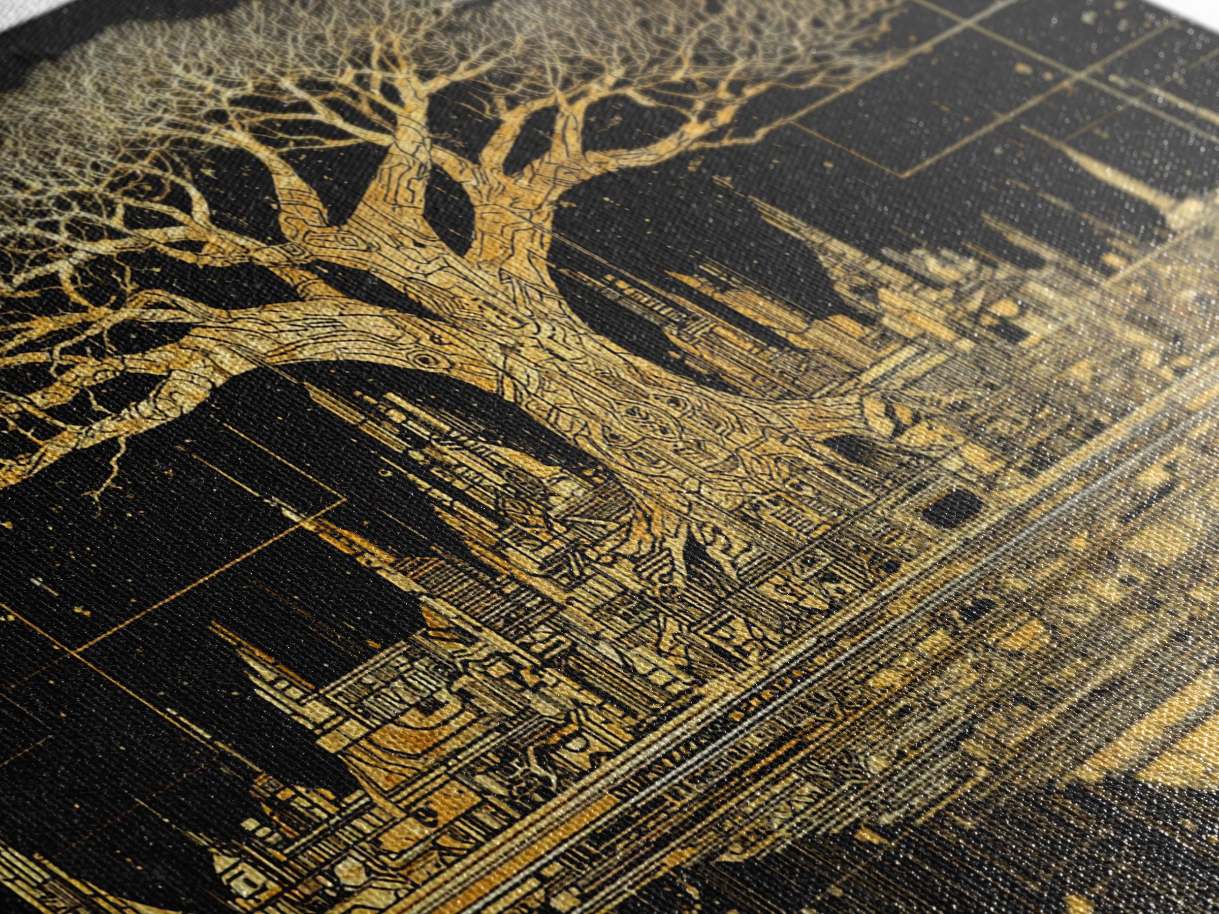 Gold Baobab Futuristic Skyline On Black, African Wall Art, Canvas Print, Black And Gold Art, Luxury Canvas Art Statement Home Decor