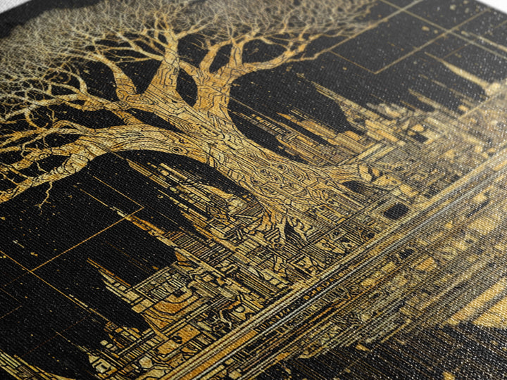Gold Baobab Futuristic Skyline On Black, African Wall Art, Canvas Print, Black And Gold Art, Luxury Canvas Art Statement Home Decor
