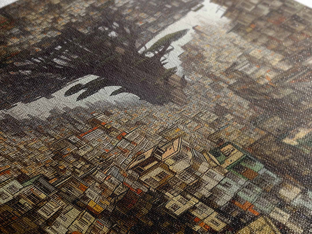 Upside Down Baobab Cityscape, African Abstract Wall Art, Framed Canvas Print, Urban Wall Art, Afrofuturism Statement Home Decor