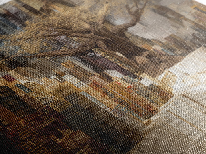 Golden Baobab In Abstract Cityscape Wall Art, African Landscape, Modern African Art, Earth Tone Living Room Decor Canvas