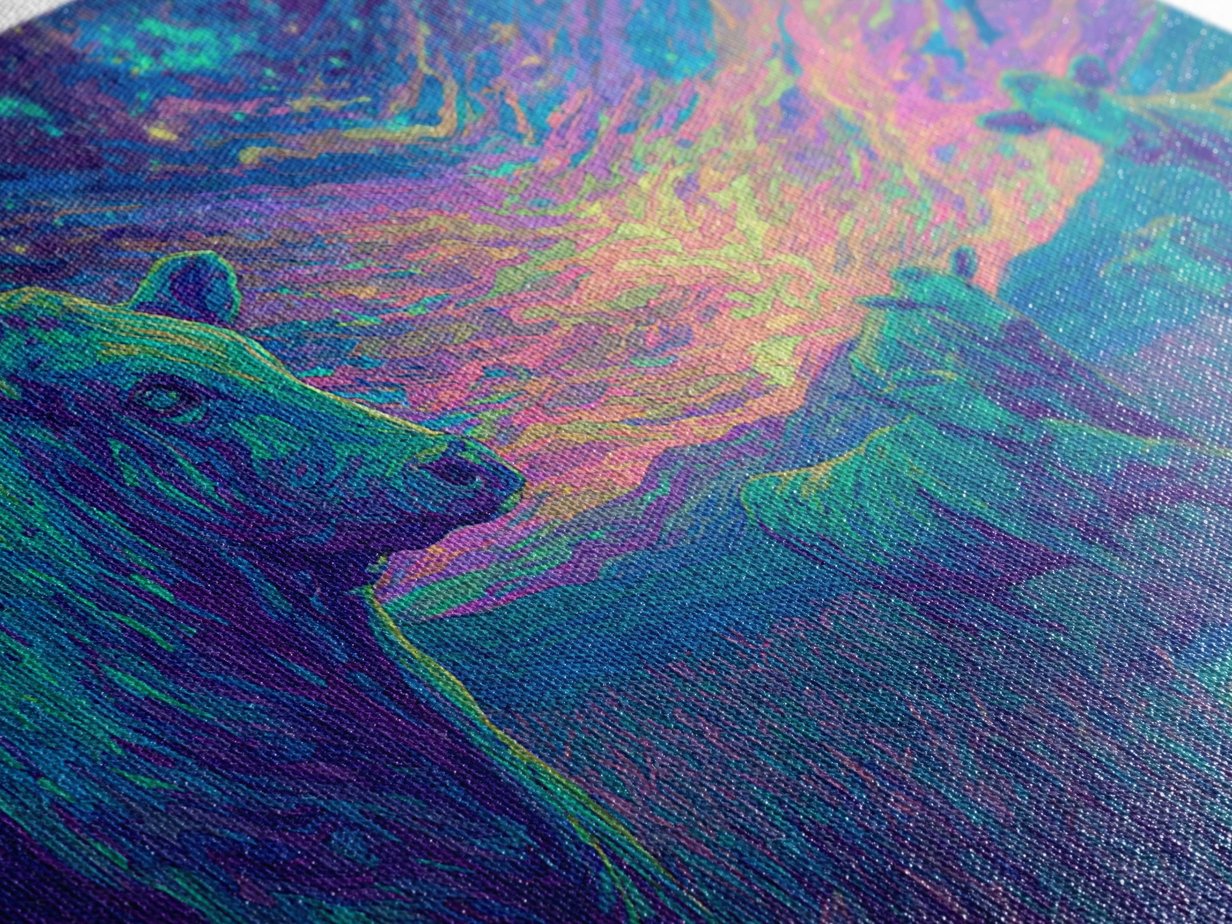 Violet Twilight Cows By Creek Wall Art, African Animal Art, Colorful Safari Art, Dreamy Wall Decor, Nature Scene Canvas Print