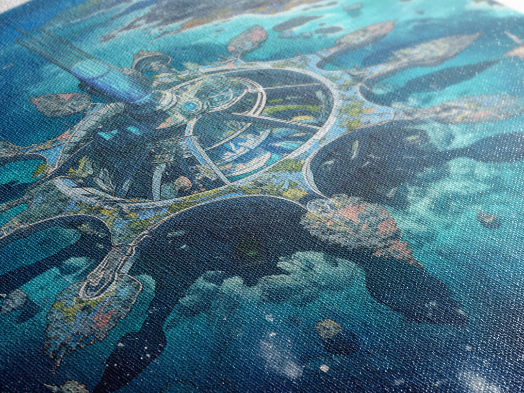 Futuristic Ocean City And Floating Islands Canvas Print, Afrofuturism Wall Art, Blue Sci Fi Coastal Home Decor For Office Gift